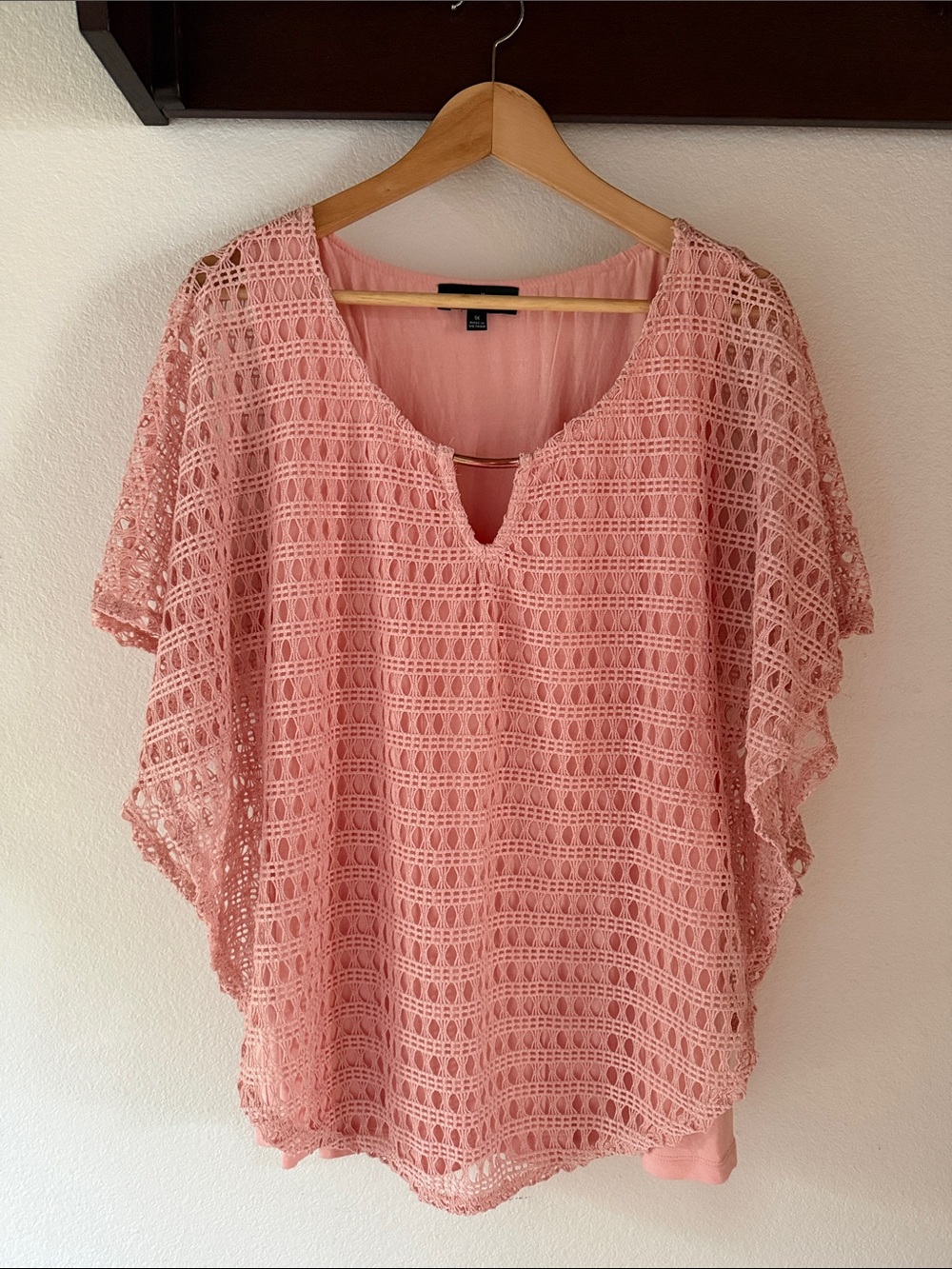 Naïf Women's Pink Crochet Overlay Knit Top with Gold Bar Detail, Size 1X